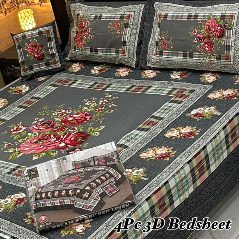 Cotton 4 Piece Double Bed Sheet Set | 3D Panel Bedsheet