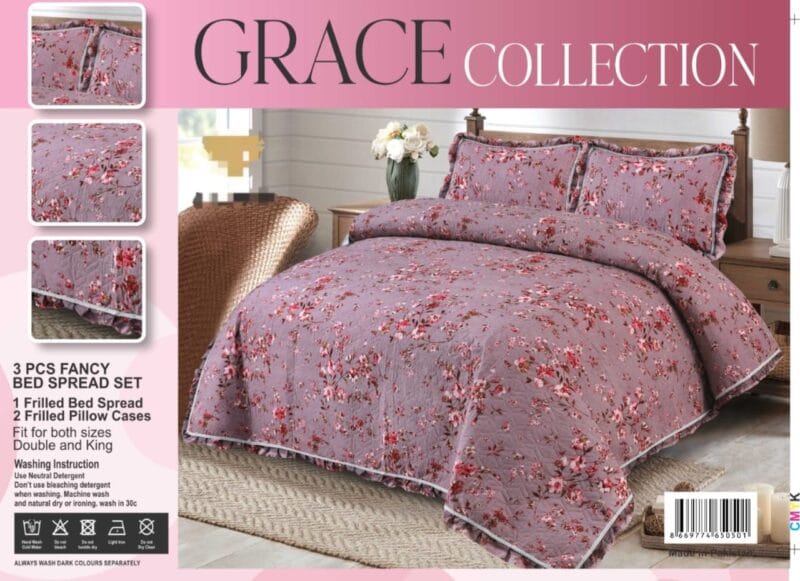 Quilted Fancy Frilled Bed Spread Set-3Pcs